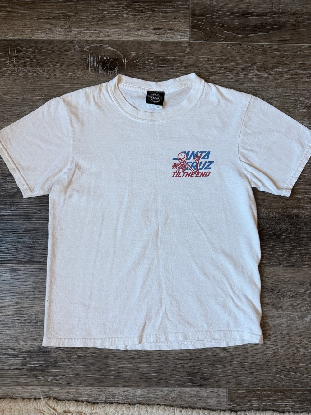 Santa Cruz Skateboards White Tee with Red & Blue Chest Logo